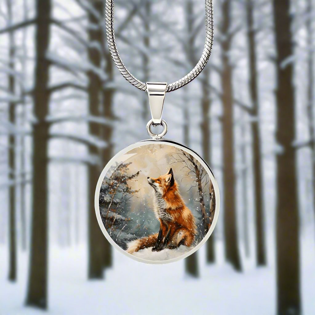 The Snowy Fox Circle Pendant Necklace