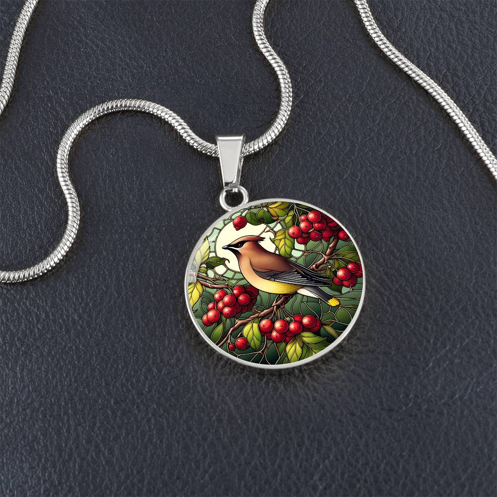 The Cedar Waxwing Bird Circle Pendant Necklace