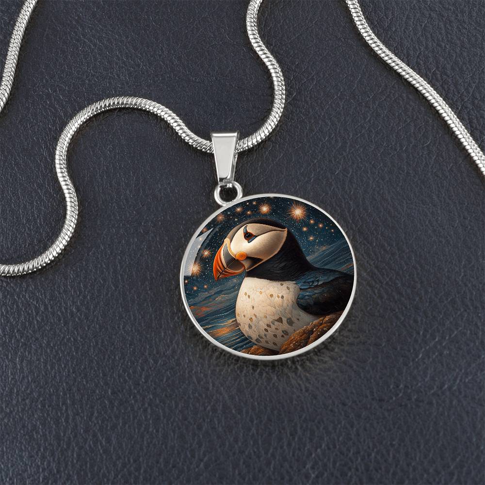 The Starry Puffin Circle Pendant Necklace