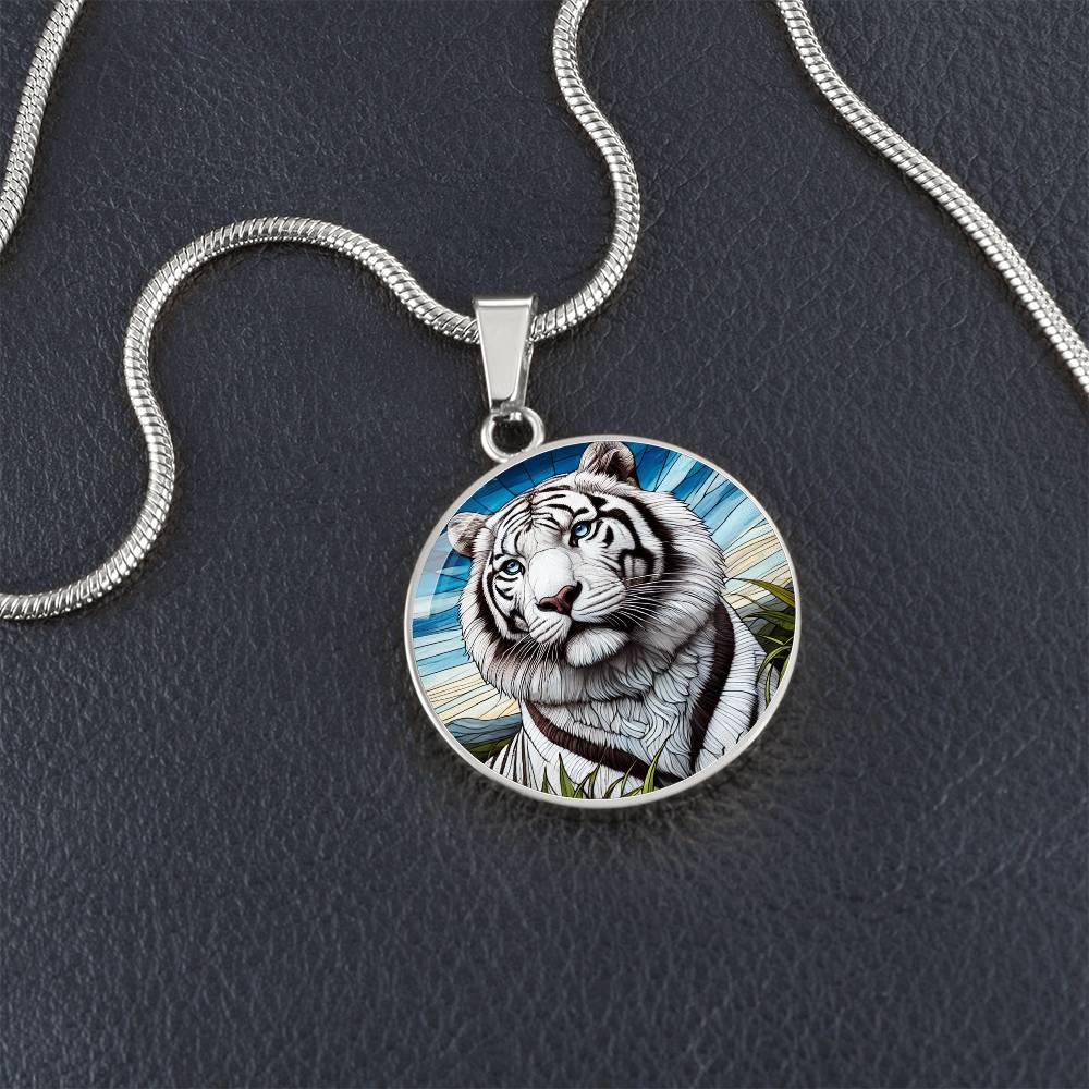 The White Tiger Face Circle Pendant Necklace