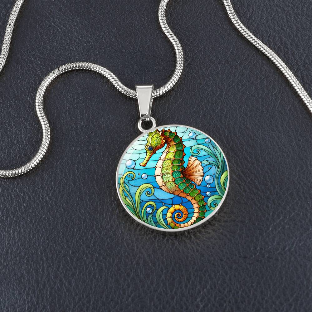 The Green Seahorse Circle Pendant Necklace