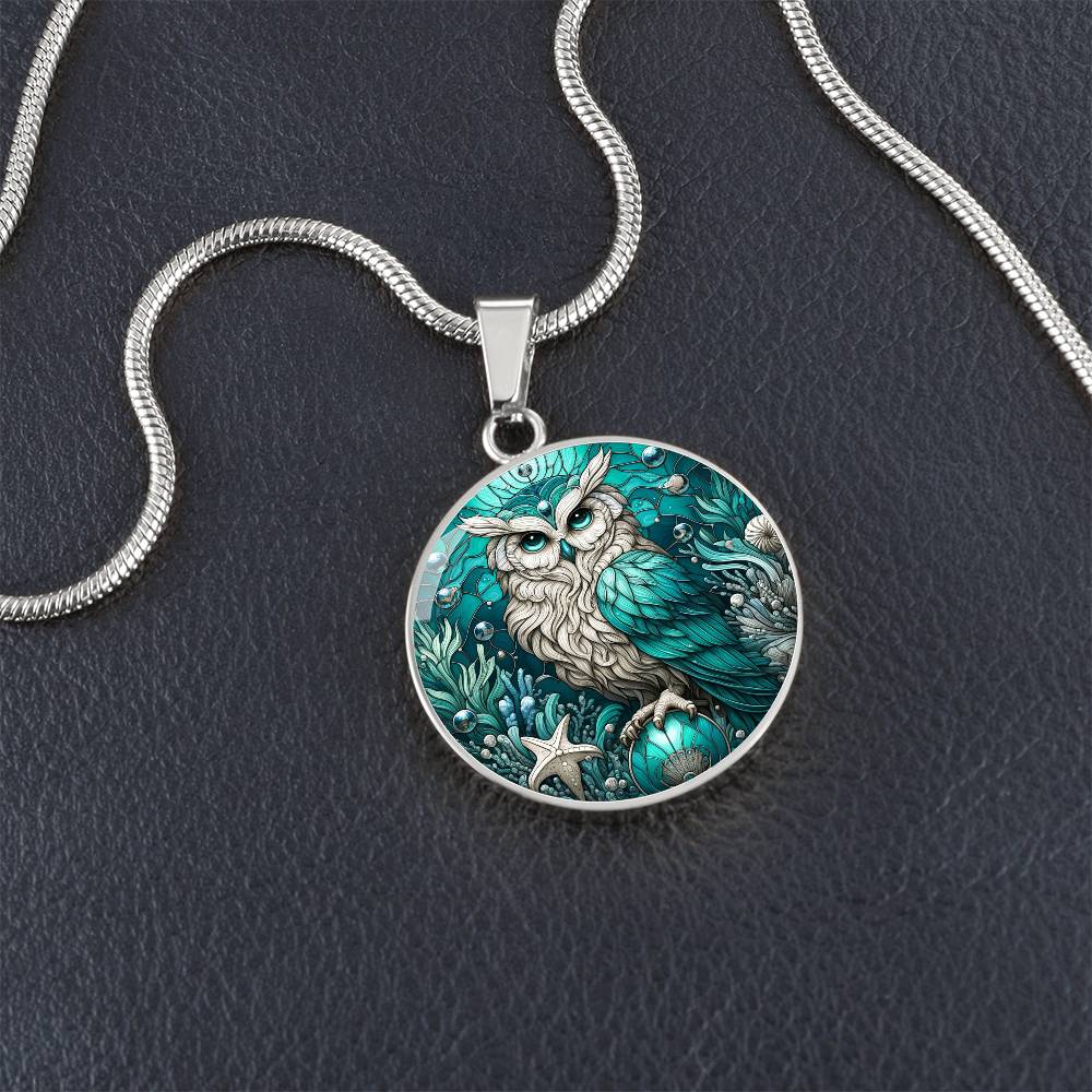 The Aqua Owl Circle Pendant Necklace