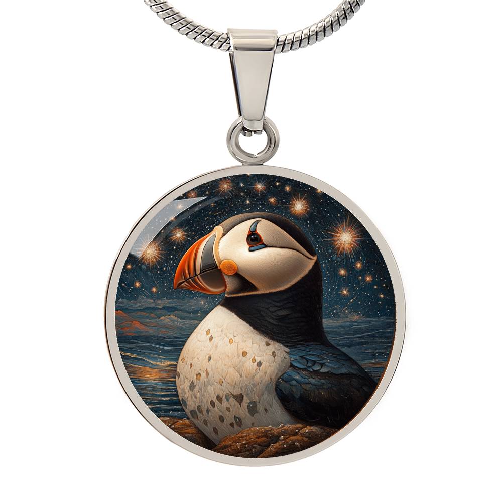 The Starry Puffin Circle Pendant Necklace