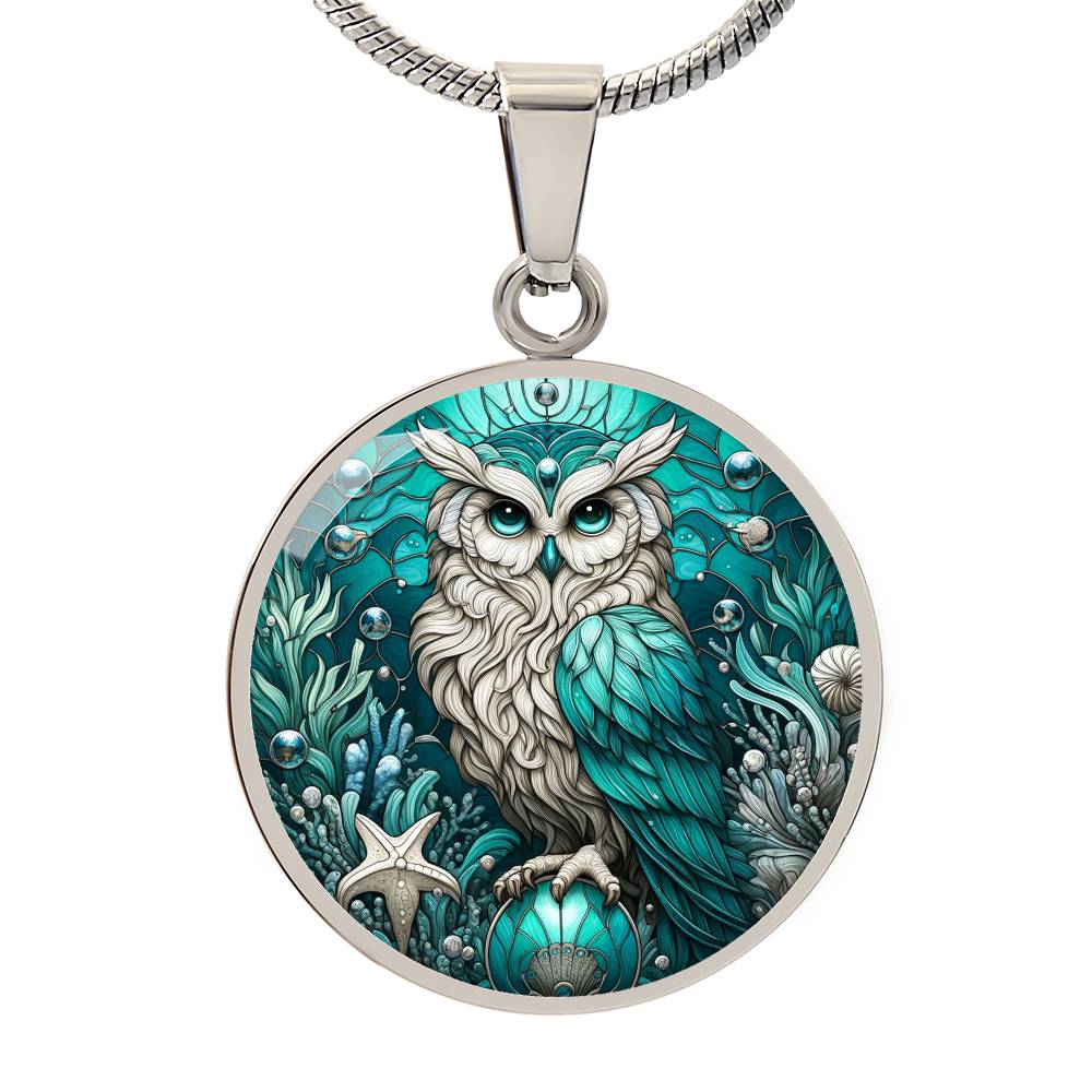 The Aqua Owl Circle Pendant Necklace