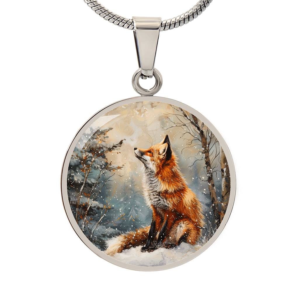 The Snowy Fox Circle Pendant Necklace