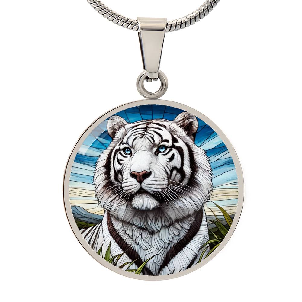 The White Tiger Face Circle Pendant Necklace