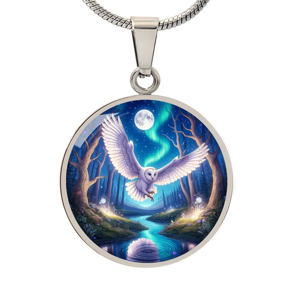 The Great White Owl Circle Pendant Necklace