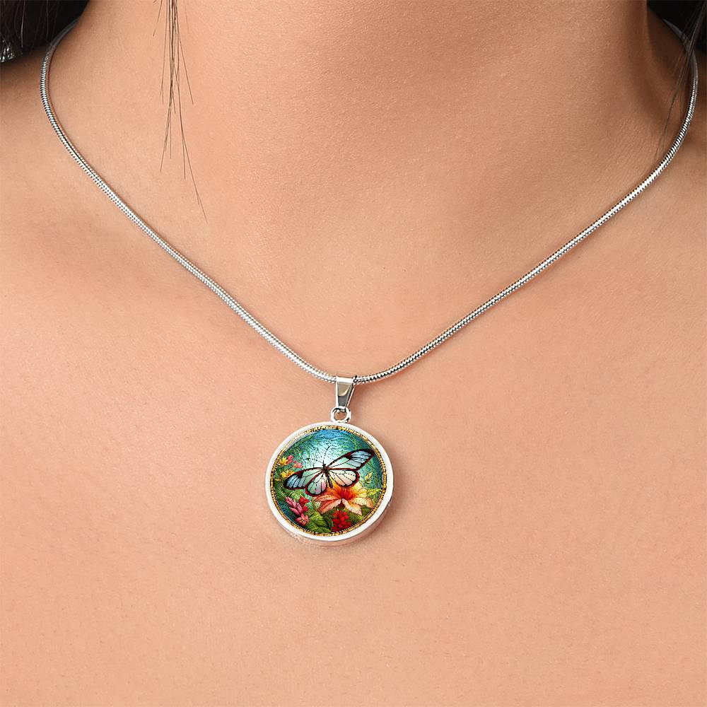 The Glasswing Butterfly Circle Pendant Necklace