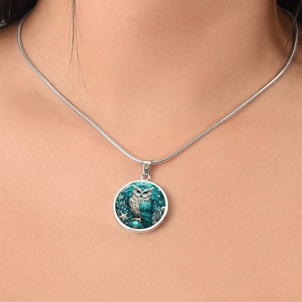 The Aqua Owl Circle Pendant Necklace