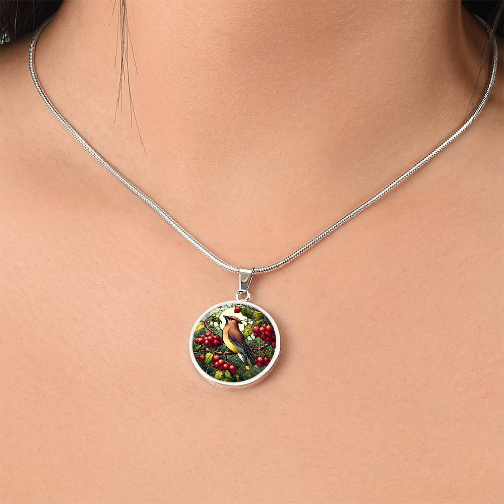 The Cedar Waxwing Bird Circle Pendant Necklace