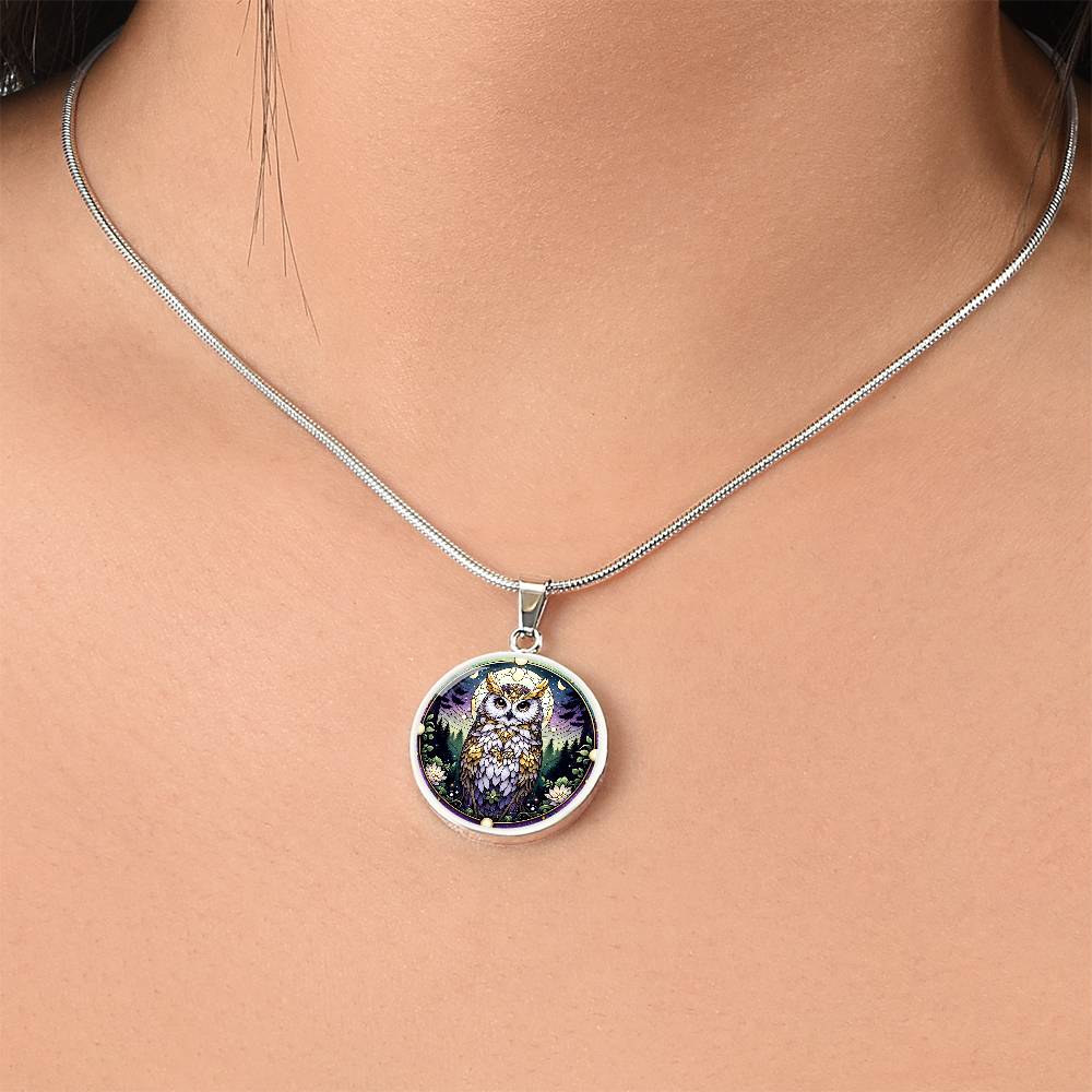 The Moonlit Purple Owl Circle Pendant Necklace