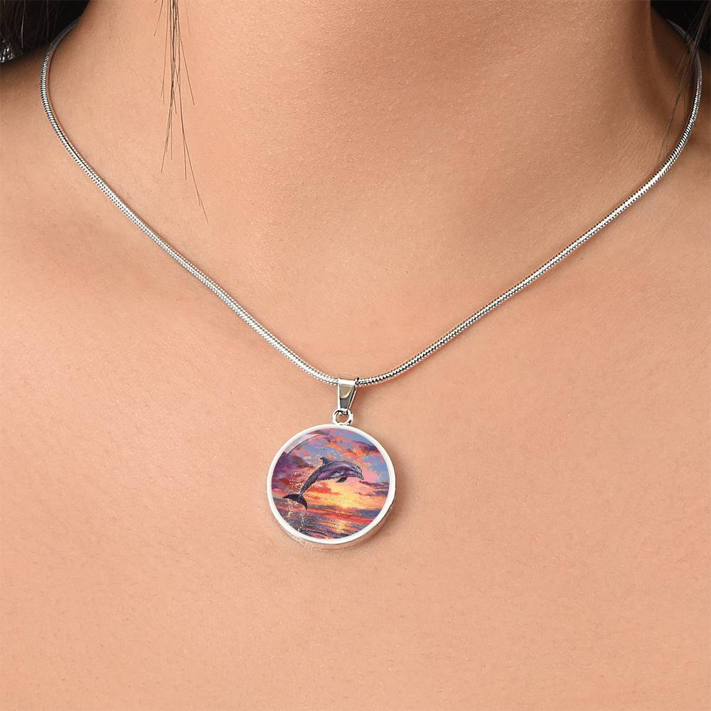 The Sunset Dolphin Circle Pendant Necklace