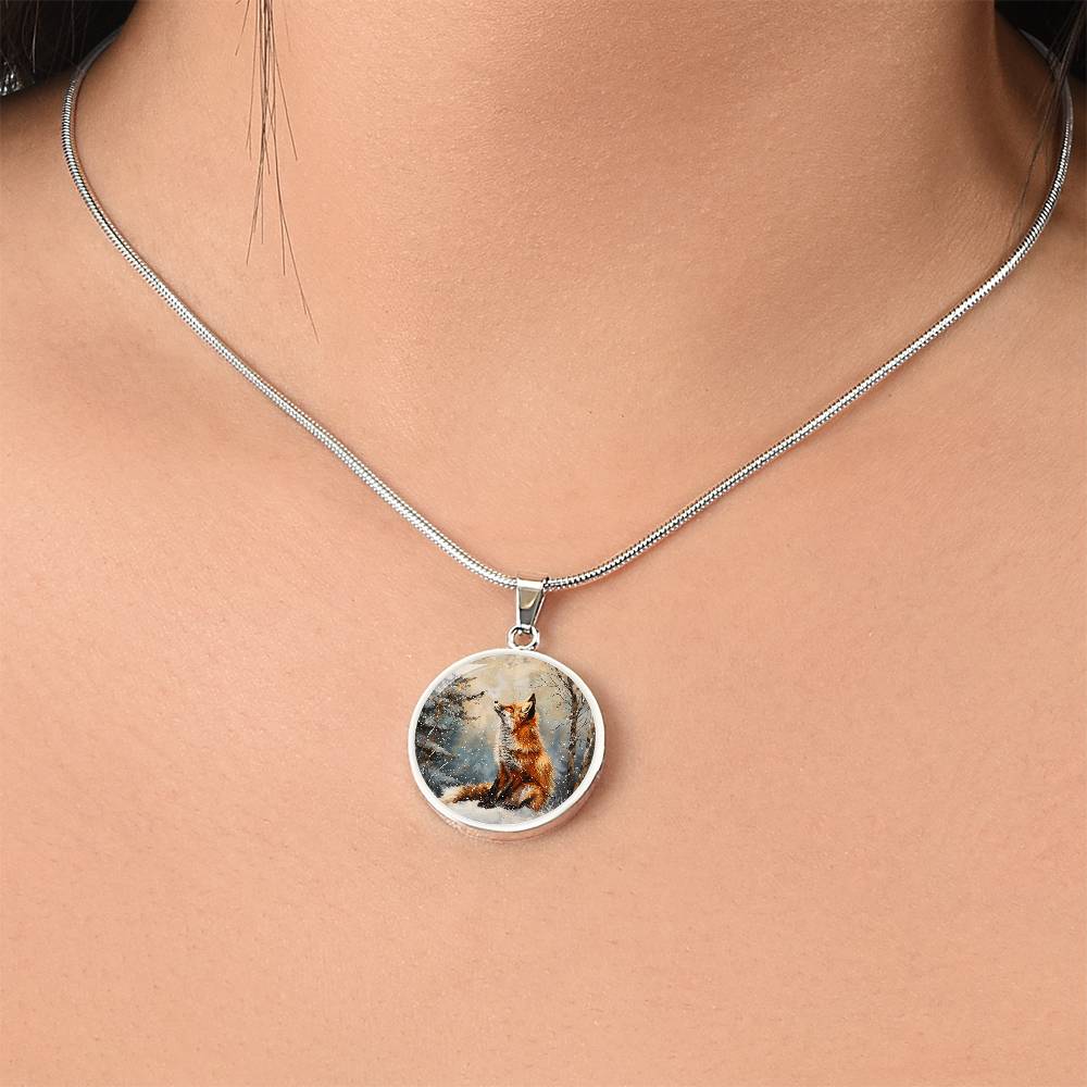 The Snowy Fox Circle Pendant Necklace