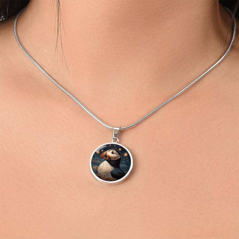 The Starry Puffin Circle Pendant Necklace