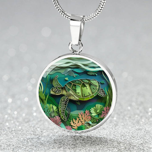 The Graceful Sea Turtle Circle Pendant Necklace