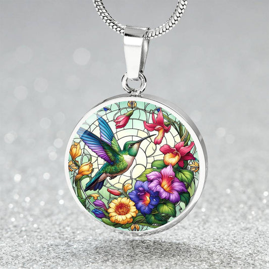 The Floral Hummingbird Circle Pendant Necklace