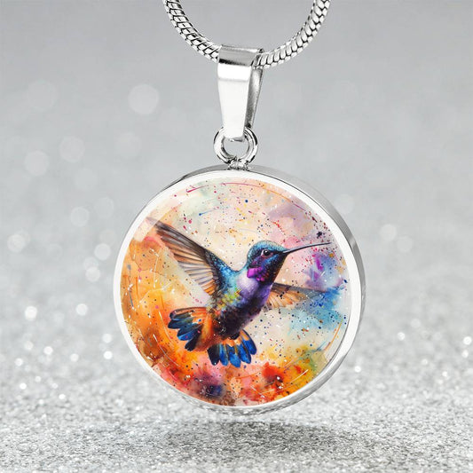 The Watercolor Hummingbird Circle Pendant Necklace