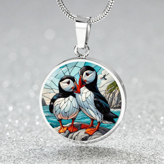 The Puffin Couple Circle Pendant Necklace
