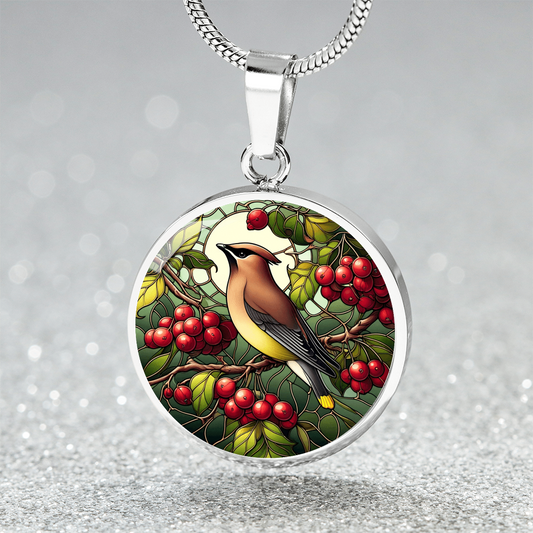 The Cedar Waxwing Bird Circle Pendant Necklace