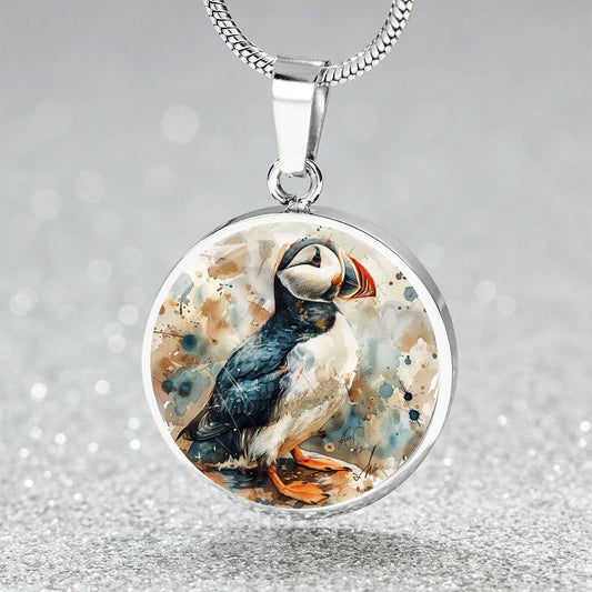 The Watercolor Puffin Circle Pendant Necklace