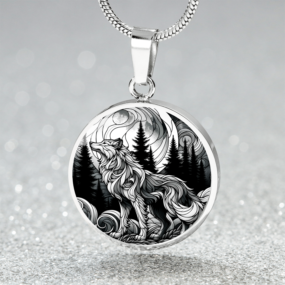 The Moonlit Wolf Circle Pendant Necklace