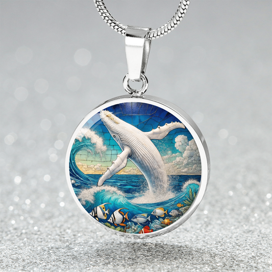 The Leaping White Humpback Circle Pendant Necklace