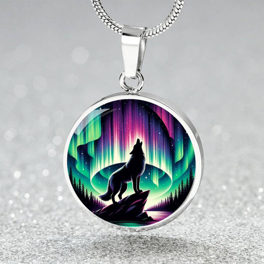 The Aurora Lights Wolf Circle Pendant Necklace