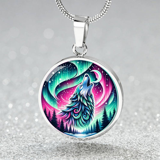 The Aurora Howling Wolf Circle Pendant Necklace