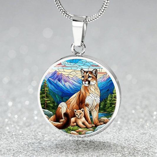 The Mountain Lion Mom Circle Pendant Necklace