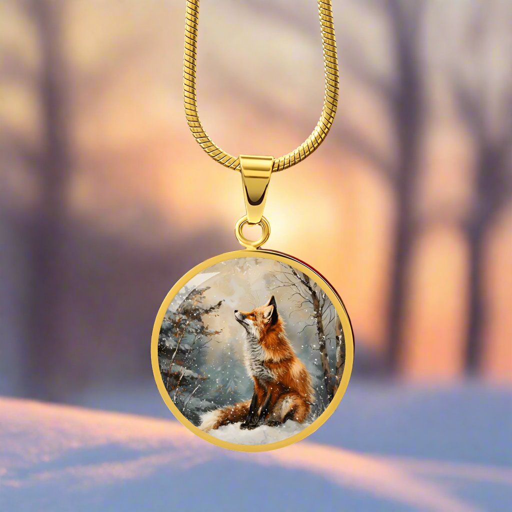 The Snowy Fox Circle Pendant Necklace