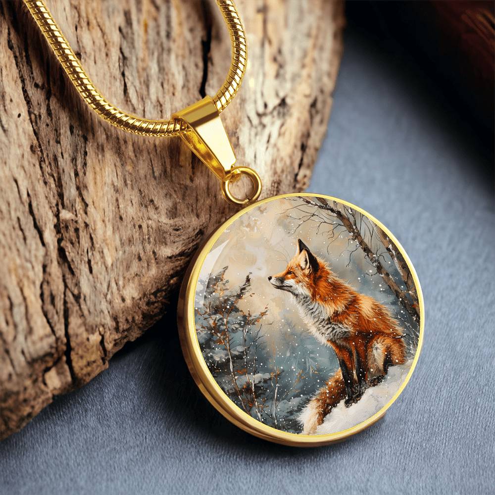 The Snowy Fox Circle Pendant Necklace