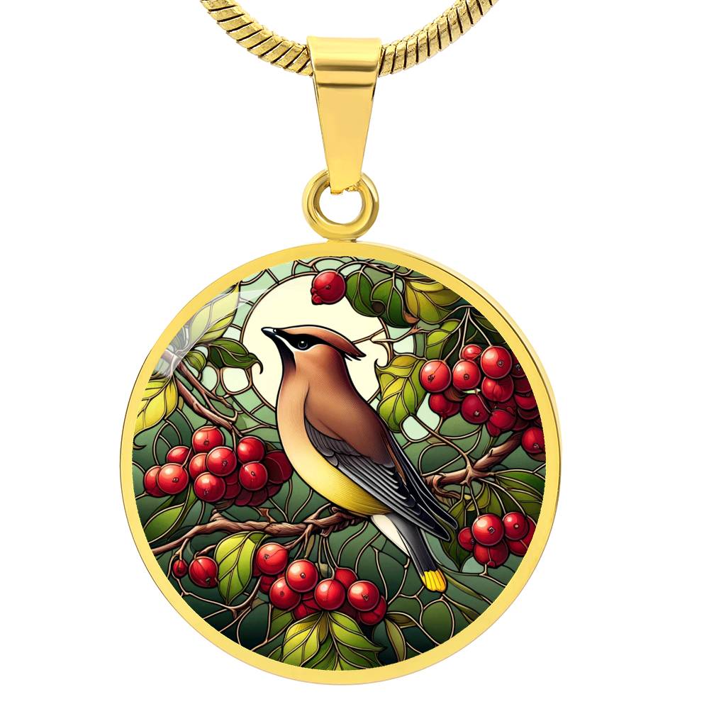 The Cedar Waxwing Bird Circle Pendant Necklace