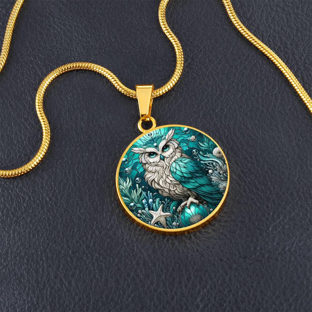 The Aqua Owl Circle Pendant Necklace