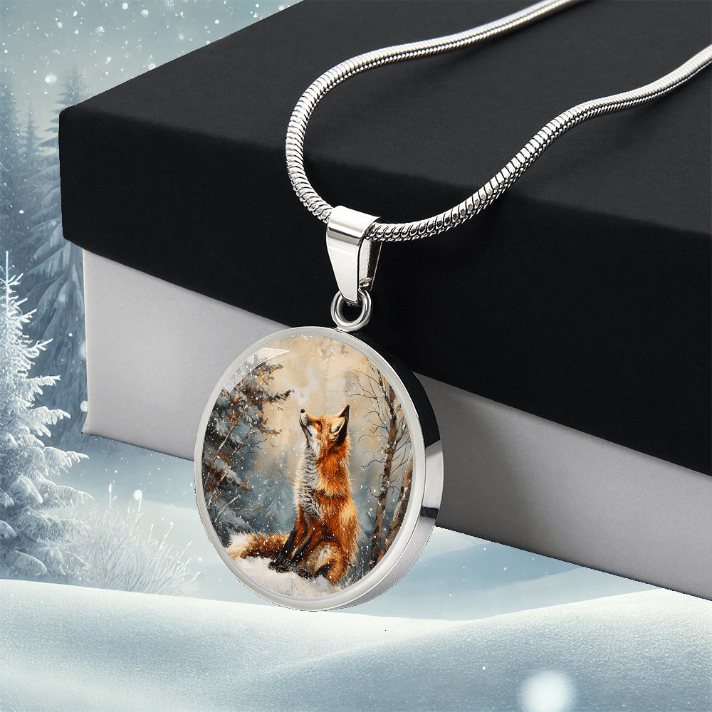 The Snowy Fox Circle Pendant Necklace